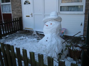 A Snowman in someone's garden.