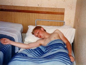 Me ill in bed, on a trip to Spain, some years ago. Hellish !.