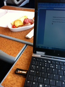 My breakfast and laptop on the First Class Pendelino to London.