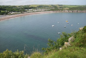 A hill top view of Lydstep bay.