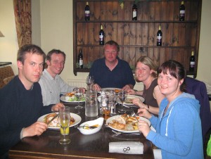 We all sit down for dinner at the Slaters arms.