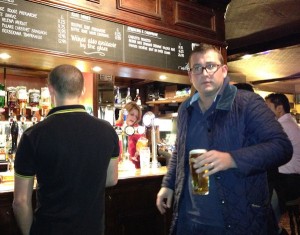 Tim gets the pints in at the Bacon arms.