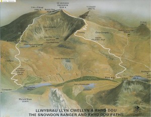 Diagram of Snowdon showing the Rhy Du path and the Snowdon Ranger