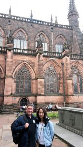 Frank and Na standing outside Chester Cathedral.