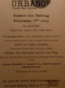 Menu and drink list for the Urbano 32 Gin tasting evening.