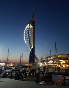 The Spinnaker tower at night. A viewing platform that overlooks the harbour