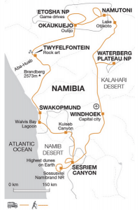 An itinerary map of our Namibia trip